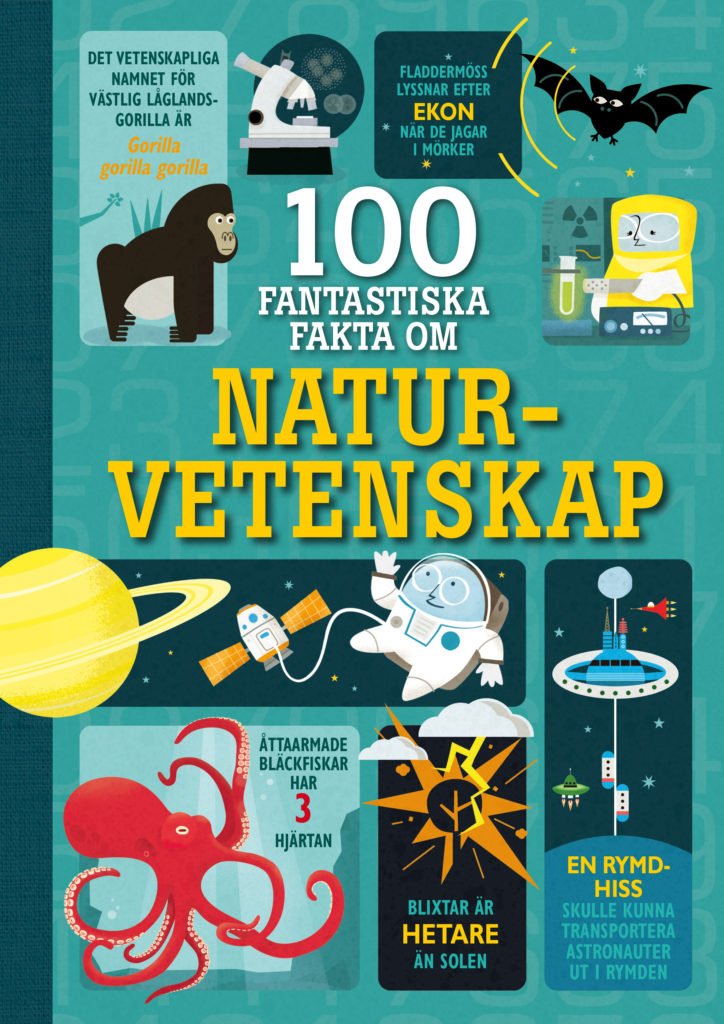 En bild på bokens framsida. Framsidan är fylld av bilder på apor, planeter, bläckfiskar, experiment och mycket mer.