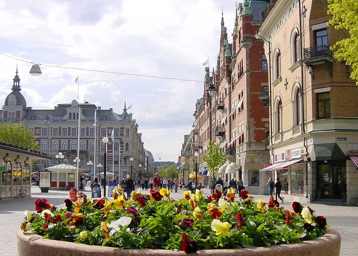 Längst fram syns en stor kruka med blommor på en gata. Bakom syns resten av gatan och flera gamla hus.