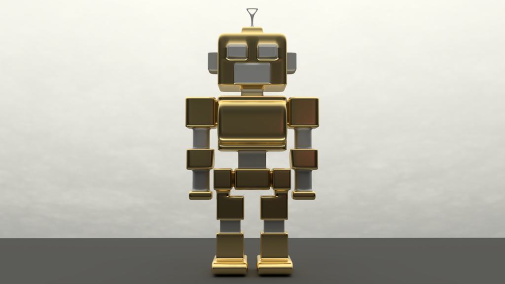 En gyllene robot står rakt