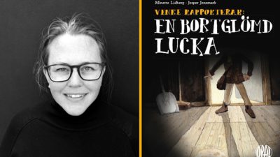 Två bilder. Den till vänster föreställer Minette. Hon har långt hår uppsatt i en hästsvans och glasögon. Hon har en tröja med polokrage. Till höger är bokens omslag. Där är två fötter som går över ett trägolv. Runt kanterna är det mörkt och gör bilden lite mystisk.