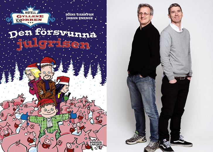 En bild på boken och en på författarna. På boken syns familjen Rantanen som står bland massa grisar ute i snön. Författarna står med ryggen mot varandra. De är 40-50 är gamla, har båda kort hår och gympaskor.