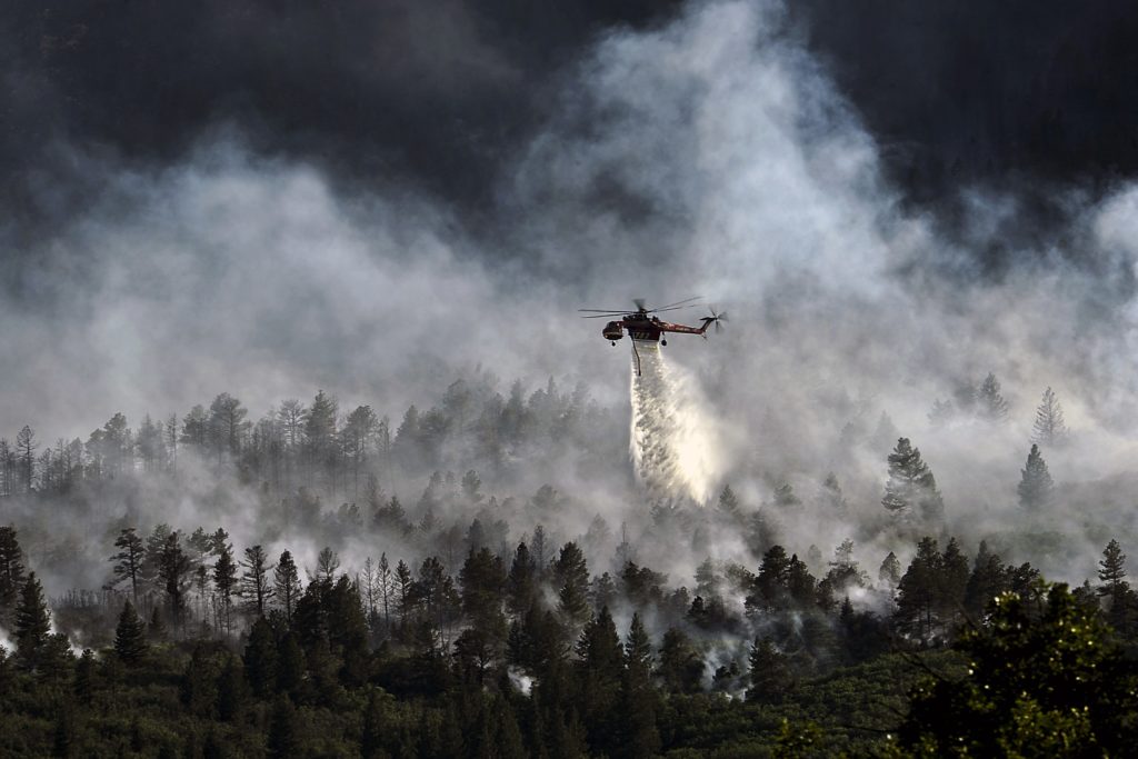 En helikopter släpper vatten över en brand i en skog.