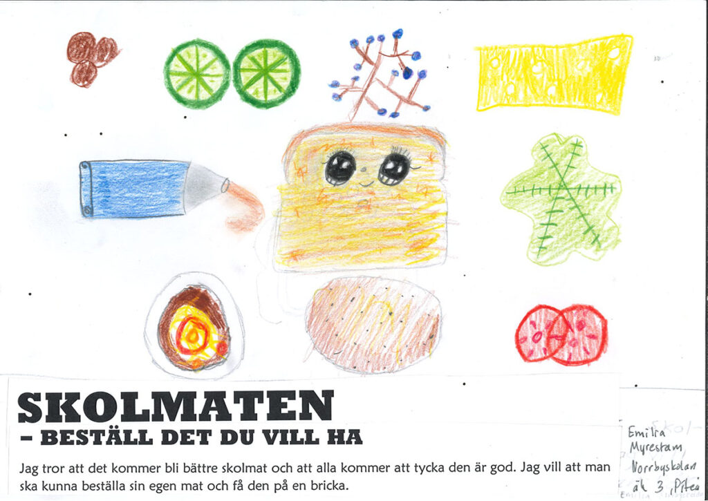 Teckning föreställande framtidens skolmat.