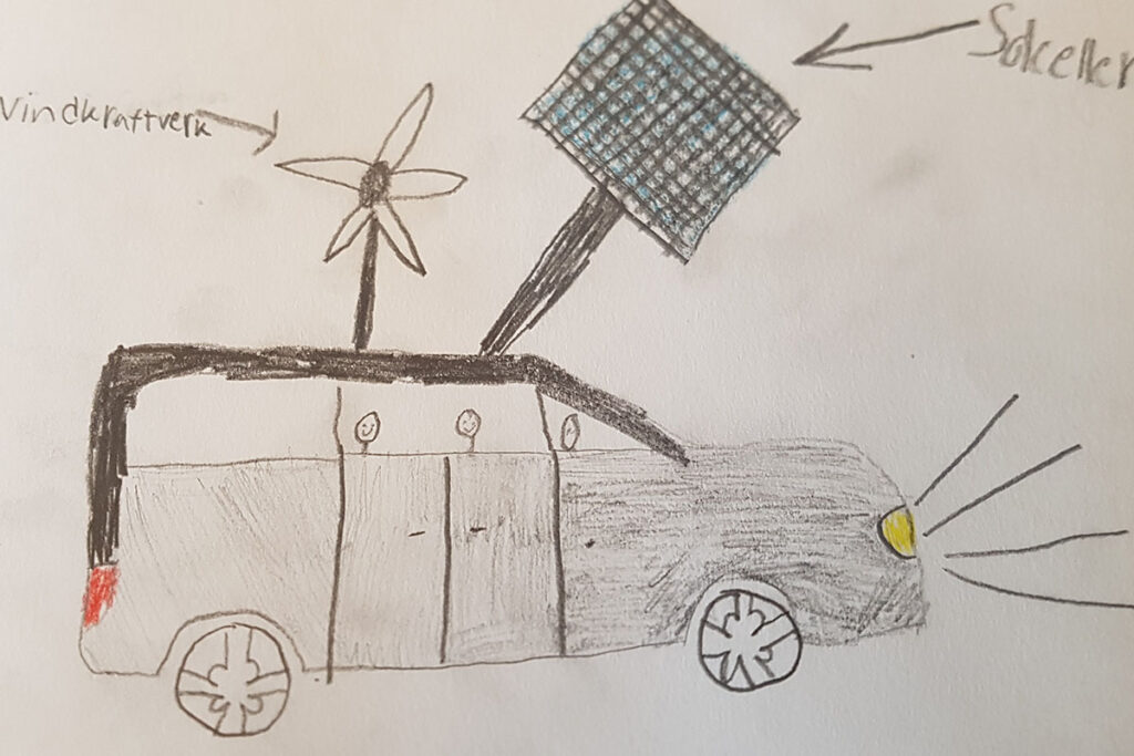 Teckning föreställande en bil med både solceller och ett litet vindkraftverk.